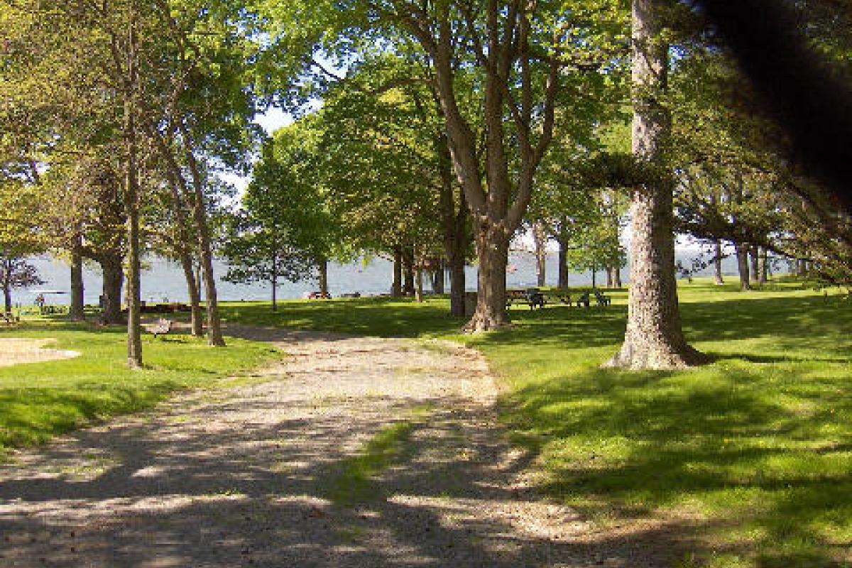 Path in a park leading towards a body of water